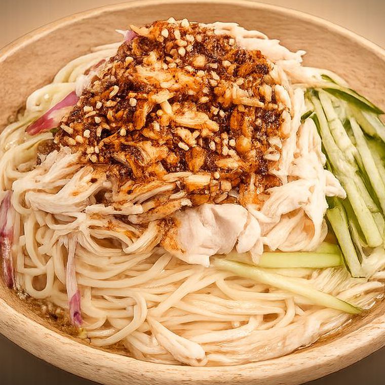 Cold noodles with shredded chicken, cucumber and spicy sesame sauce