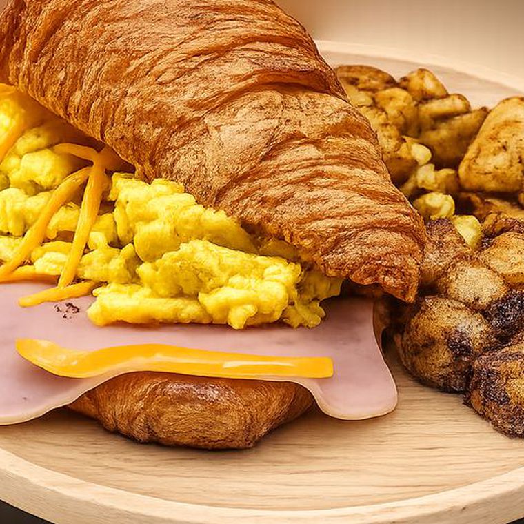 Croissant with scrambled egg, ham and cheddar, served with panfries
