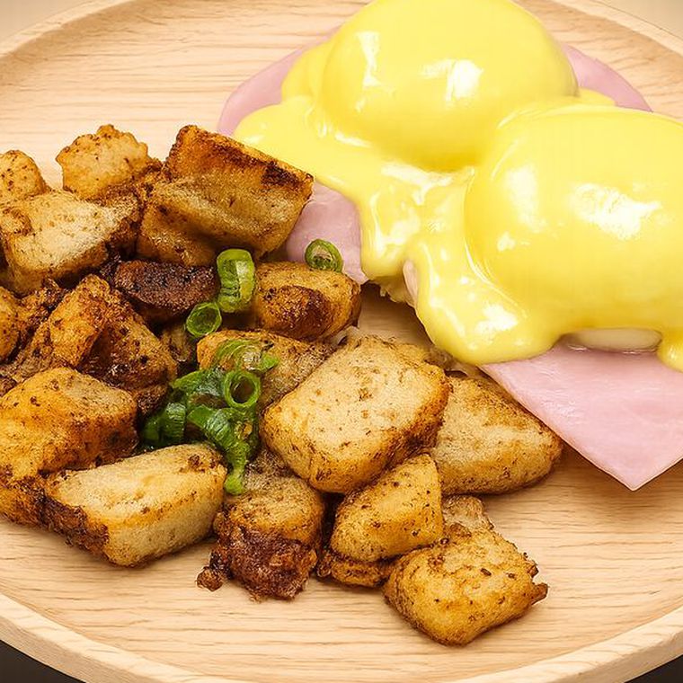 Eggs Yucca-Dict — poached eggs and ham under hollandaise, with panfries